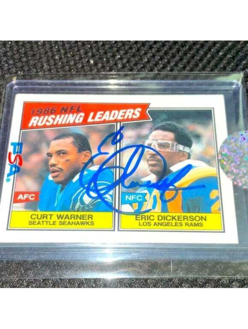 ERIC DICKERSON 1986 RUSHING LEADERS SIGNED AUTO CARD VNTG COA STICKER RAMS NFC